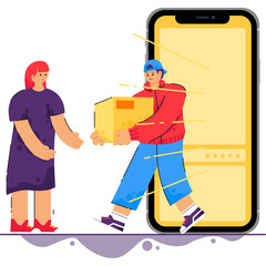 Illustration of a delivery person handing a package to a customer in front of a smartphone screen with a transparent background and motion blur effect
