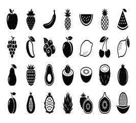 A delightful assortment of fruit icons, including apples, bananas, strawberries, pineapples, plums, watermelons, grapes, mangoes, blueberries, peaches, and cherries isolated on white background