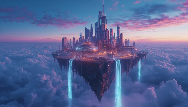 Hovering triangular island city pouring neon waterfalls above clouds at sunset, with glowing domes