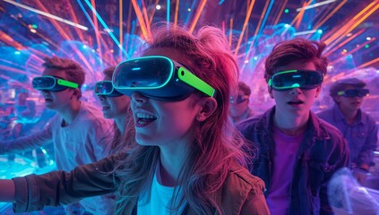 Immersing friends exploring VR games in VR arcade, with green-accented headsets and laser beams