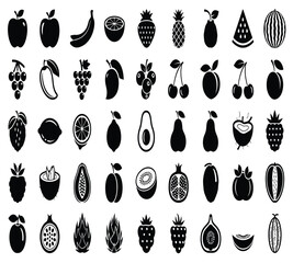 A delightful assortment of fruit icons, including apples, bananas, strawberries, pineapples, plums, watermelons, grapes, mangoes, blueberries, peaches, and cherries isolated on white background