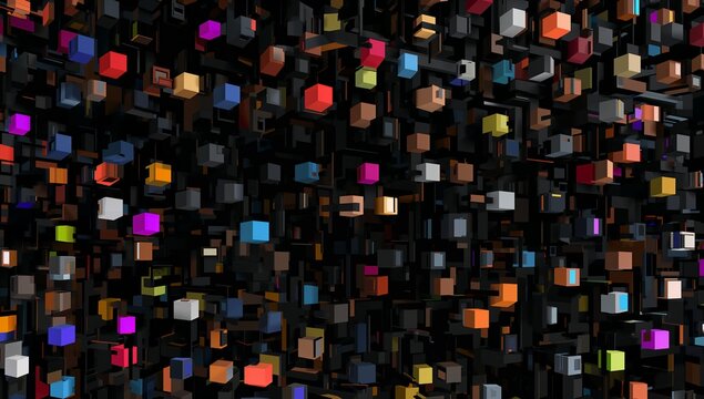 Floating dense array of multicolored cubes and rectangular prisms forming grid in 3D digital void