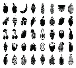 A delightful assortment of fruit icons, including apples, bananas, strawberries, pineapples, plums, watermelons, grapes, mangoes, blueberries, peaches, and cherries isolated on white background