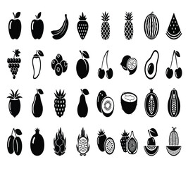 A delightful assortment of fruit icons, including apples, bananas, strawberries, pineapples, plums, watermelons, grapes, mangoes, blueberries, peaches, and cherries isolated on white background