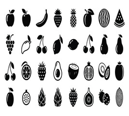A delightful assortment of fruit icons, including apples, bananas, strawberries, pineapples, plums, watermelons, grapes, mangoes, blueberries, peaches, and cherries isolated on white background