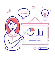 Design woman presenting business data chart presentation board idea lightbulb teaching education knowledge concept verctor art illustration png