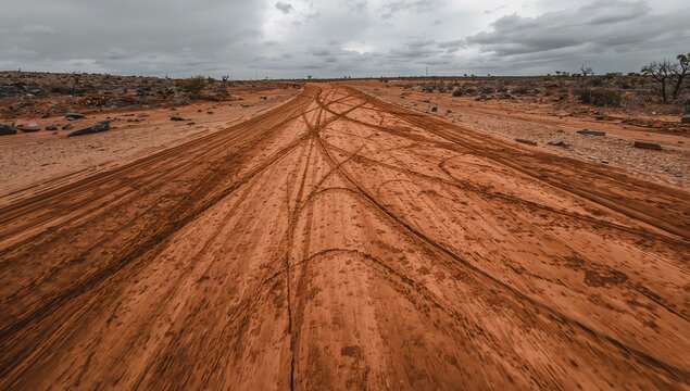 Snaking red dirt track cutting through remote outback, with tire marks, rocks, sparse shrubs - Powered by Adobe