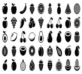 A delightful assortment of fruit icons, including apples, bananas, strawberries, pineapples, plums, watermelons, grapes, mangoes, blueberries, peaches, and cherries isolated on white background