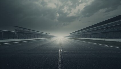 Central racetrack stretching toward horizon in pit lane, with dashed white line and barriers