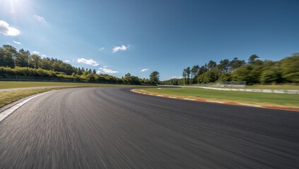 Fototapeta premium Showing curving racetrack section with red yellow curbing beside grass run-off and steel guardrail
