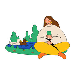 Design woman relaxing pond ducks nature coffee break peaceful scene outdoor leisure time tranquility mindfulness verctor art illustration png