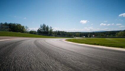 Fototapeta premium Winding asphalt racetrack through countryside, with red white rumble strips and barrier fencing