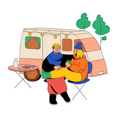 Design couple camping trip campervan travel adventure together outdoors nature vacation lifestyle holiday getaway fun 100 verctor art illustration png