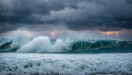 Obraz premium Roaring ocean wave crashing over churning surf at sea, with storm clouds and lightning bolts