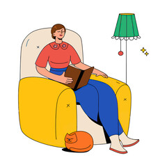 Design woman reading book in armchair with cat and lamp illustration reading book armchair cat lamp home relax verctor art illustration png
