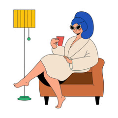 Design woman in robe relaxing with coffee spa day wellness retreat self care relaxation lifestyle drawing art 100 verctor art illustration png