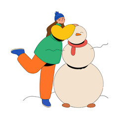 Design woman building snowman winter season snow holiday fun cold weather christmas time festive season happy mood verctor art illustration png