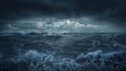 Rolling stormy waves churning across open ocean horizon, with white foam beneath dark storm clouds
