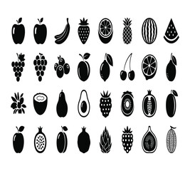 A delightful assortment of fruit icons, including apples, bananas, strawberries, pineapples, plums, watermelons, grapes, mangoes, blueberries, peaches, and cherries isolated on white background