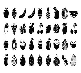 A delightful assortment of fruit icons, including apples, bananas, strawberries, pineapples, plums, watermelons, grapes, mangoes, blueberries, peaches, and cherries isolated on white background