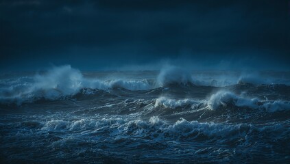 Naklejka premium Crashing stormy ocean waves churning and smashing open sea at night, with sea foam and spray