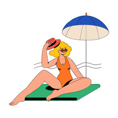 Design woman beach summer vacation sunbathing orange swimsuit hat umbrella relaxation leisure illustration art verctor art illustration png