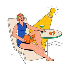 Design woman reading book in beach chair with cocktail and sunglasses summer vacation relaxation illustration verctor art illustration png