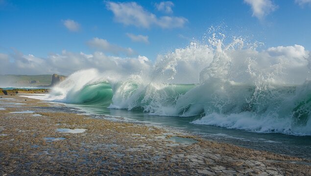 Crashing curling ocean wave throwing foam at rocky shoreline, with tide pools and grassy cliffs