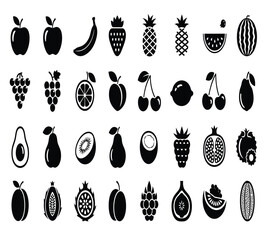 A delightful assortment of fruit icons, including apples, bananas, strawberries, pineapples, plums, watermelons, grapes, mangoes, blueberries, peaches, and cherries isolated on white background