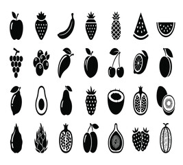 A delightful assortment of fruit icons, including apples, bananas, strawberries, pineapples, plums, watermelons, grapes, mangoes, blueberries, peaches, and cherries isolated on white background