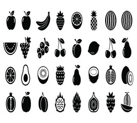 A delightful assortment of fruit icons, including apples, bananas, strawberries, pineapples, plums, watermelons, grapes, mangoes, blueberries, peaches, and cherries isolated on white background