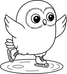 Cute Cartoon Owl Ice Skating Line Art
