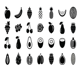 A delightful assortment of fruit icons, including apples, bananas, strawberries, pineapples, plums, watermelons, grapes, mangoes, blueberries, peaches, and cherries isolated on white background