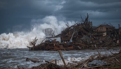 Crashing ocean waves battering heap of broken wooden structures on rocky shoreline, with sea foam