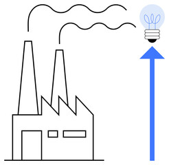 Industrial factory with chimneys emitting smoke, arrow pointing to a glowing light bulb. Ideal for sustainability, innovation, renewable energy, green economy, transformation, environmental