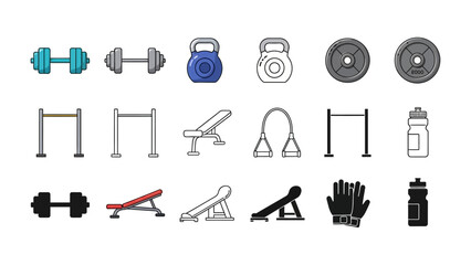 Fitness and exercise equipment icons: a diverse collection of vector icons, showcasing the core elements for a dynamic fitness routine, including dumbbells, kettlebells, weight plates, pull-up bars.