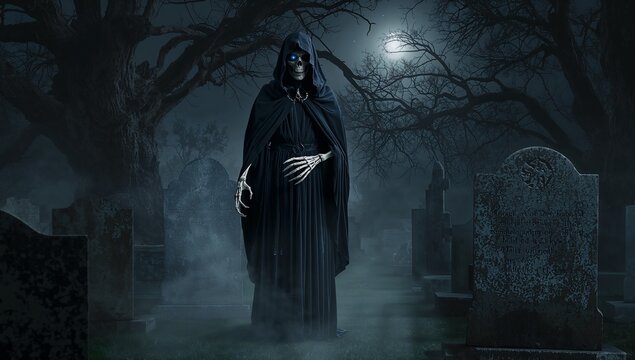 Standing skeletal figure in black cloak wandering misty cemetery, with tombstones and moonlight