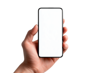 Close-up of a hand holding a smartphone with transparent background