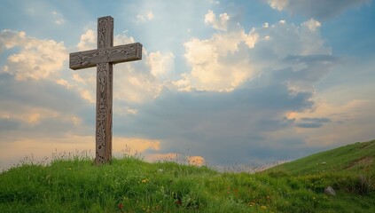 Standing carved wooden cross casting shadows on meadow hill at dusk with wildflowers, copy space