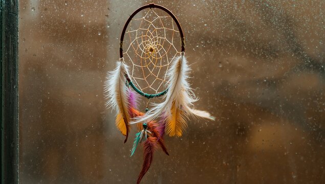 Showcasing dreamcatcher hanging in rain-speckled window, featuring woven net beads and feathers