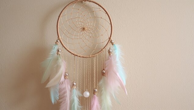Hanging dreamcatcher showing woven web on beige wall, with gold chains, pastel feathers, white bead - Powered by Adobe