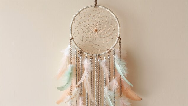 Hanging decorative dreamcatcher featuring beads, chains and pastel feathers on beige wall - Powered by Adobe