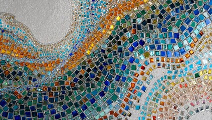 Displaying decorative glass tile mosaic flowing on gallery wall, with vibrant square glass tiles