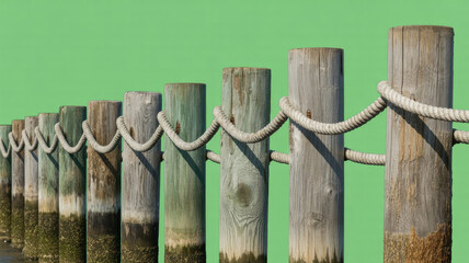 Obraz premium Row of weathered wooden dock posts connected by thick white rope against solid mint green background