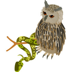 Pixelated Eurasian Eagle Owl Perched on Branch With Green Python Wrapped Around It Against White Background Detailed Feathers and Scales