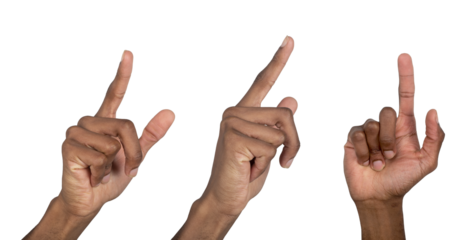 Finger click gesture, African American man pressing forward with index finger. Human expression