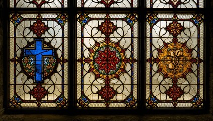 Three stained glass panels decorating church interior, with lead cames and medallions
