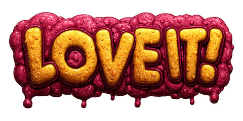 Dripping Love It Text with a Bubbly, Cartoonish Style on Black Background Concept of Positive Affirmation, Enthusiasm, and Playfulness