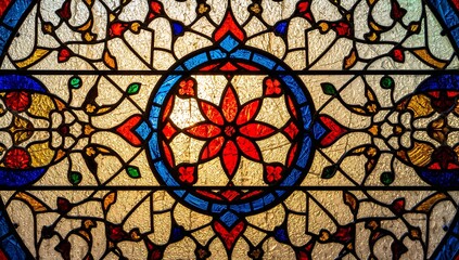 Displaying ornate stained glass pane inside chapel, with lead cames and geometric floral motifs