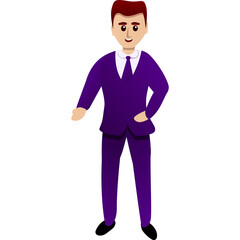 Pixelated Cartoon Man In A Purple Suit And Tie Standing With One Hand On Hip And Other Outstretched Against A White Background